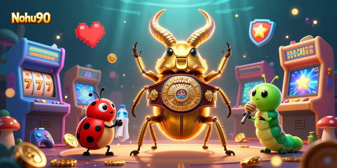 Nohu90 showcases a dynamic, vibrant 3D casino scene with colorful gaming elements and characters.