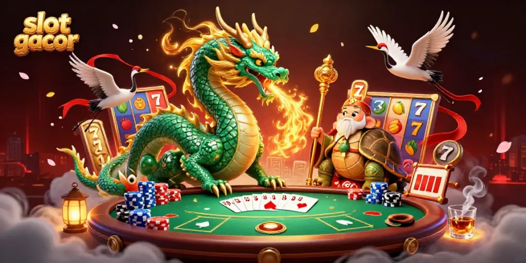 Slot gacor dynamic scene with a jade dragon, turtle sage, and lucky cranes amidst vibrant slot elements.
