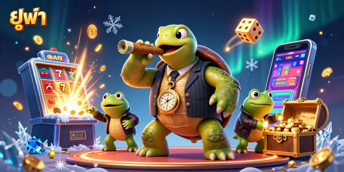 Bet on exciting ยูฟ่า casino games with a dynamic scene featuring a turtle in a suit, enforcers, and winning elements.