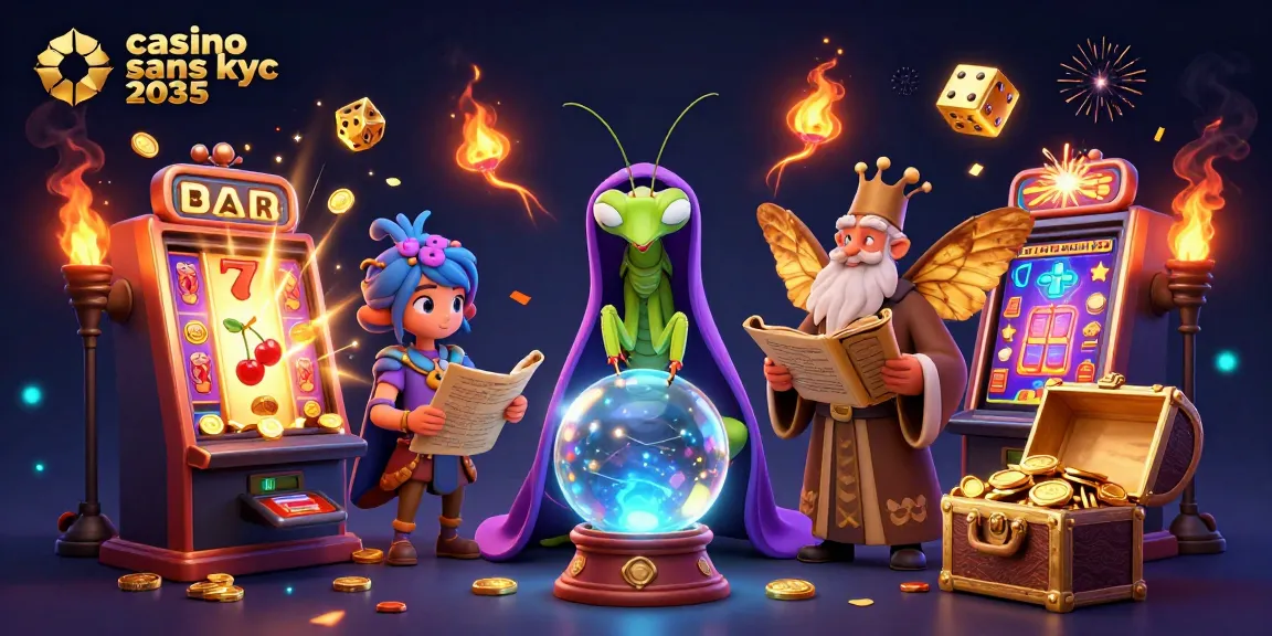 Le casino sans KYC 2035 propose une illustration captivante d'une mante en tirage de cartes, entourée de machines à sous