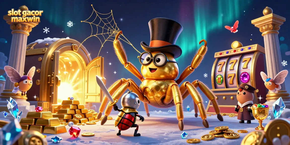Slot gacor maxwin dalam ilustrasi kasino dengan laba-laba emas dan kesatria kecil beraksi.