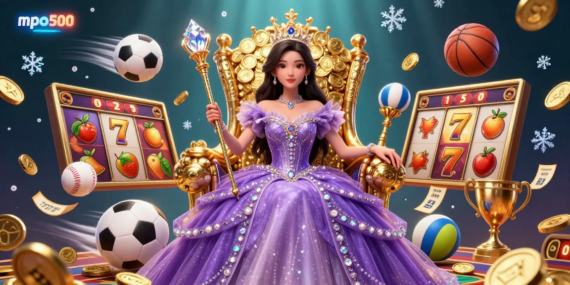Experience the thrill of mpo500's slot games and jackpots in this vibrant casino-themed illustration.