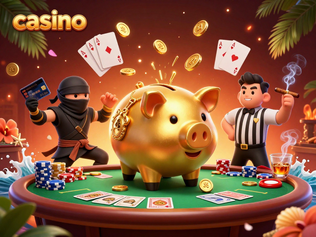 Casino scene with a sumo wrestler piggy bank shaking gold coins, perfect for gamblers.