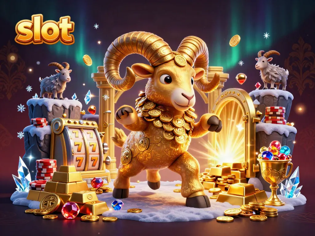 Engage in exciting slot games with a golden ram charging through a treasure-filled scene.