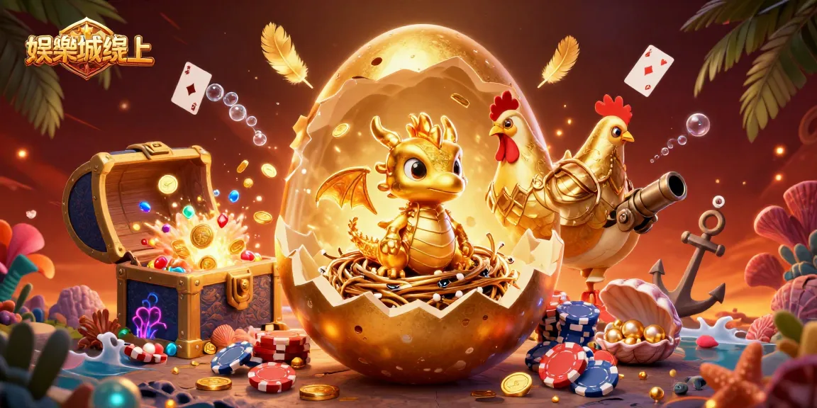 娛樂城線上呈現的金色龍蛋破開，裡面坐著寶寶金龍和撲克籌碼，周圍環繞著多樣的遊戲元素。