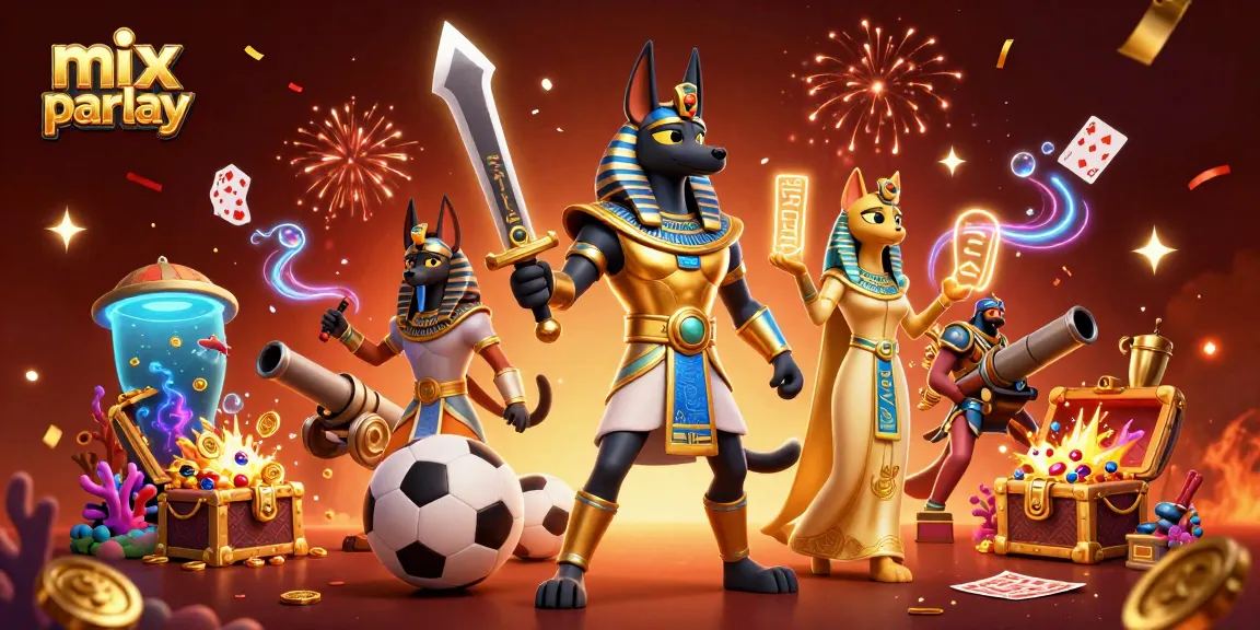Experience the thrill of mix parlay betting with Anubis and Bastet amidst sports elements and treasures.