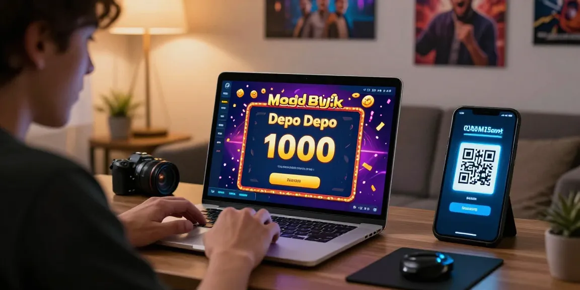 Engaging slot depo 1000 gaming interface with QRIS payment method in modern home office.