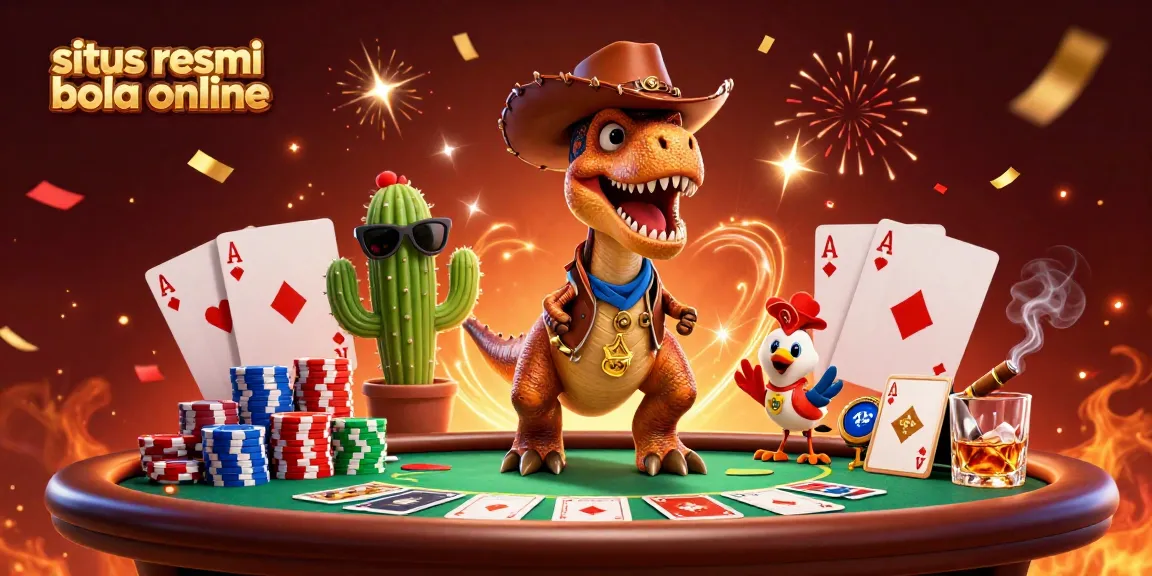 Engage with situs resmi bola online as a playful dinosaur and friends celebrate big wins at a vibrant poker table.