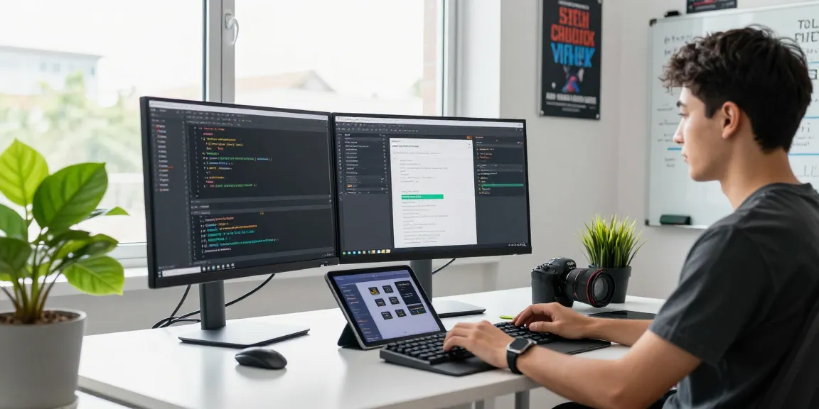 快连 software development workspace with dual monitors showing code, showcasing a modern tech environment.
