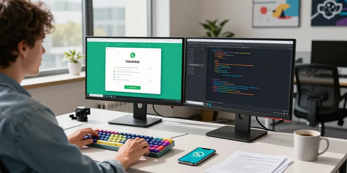A modern tech workspace featuring WhatsApp網頁版 interface on dual monitors, showcasing effective communication strategies.