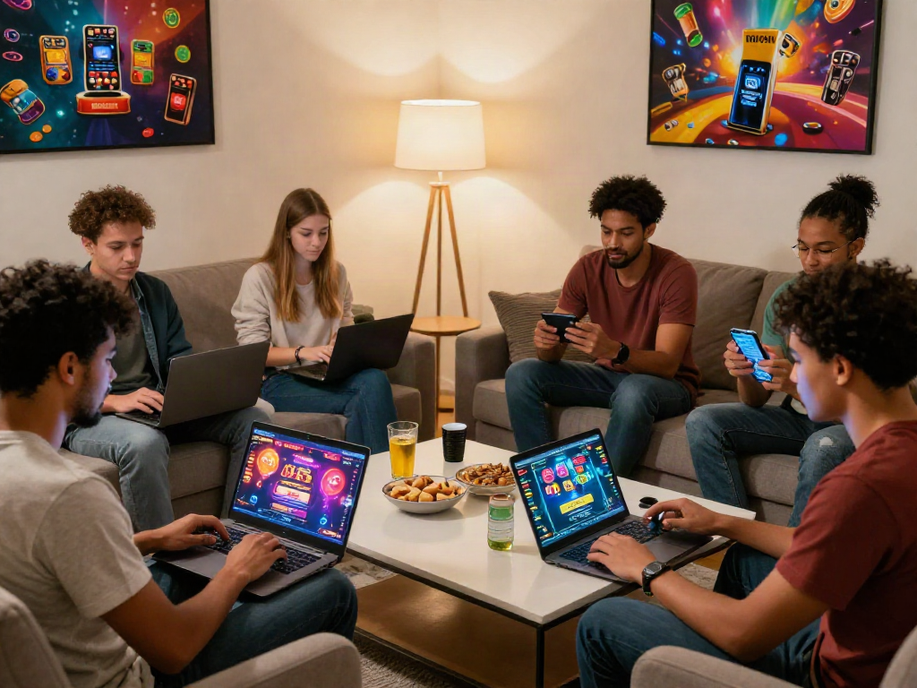 Friends enjoying casino online games in a cozy living room setting.