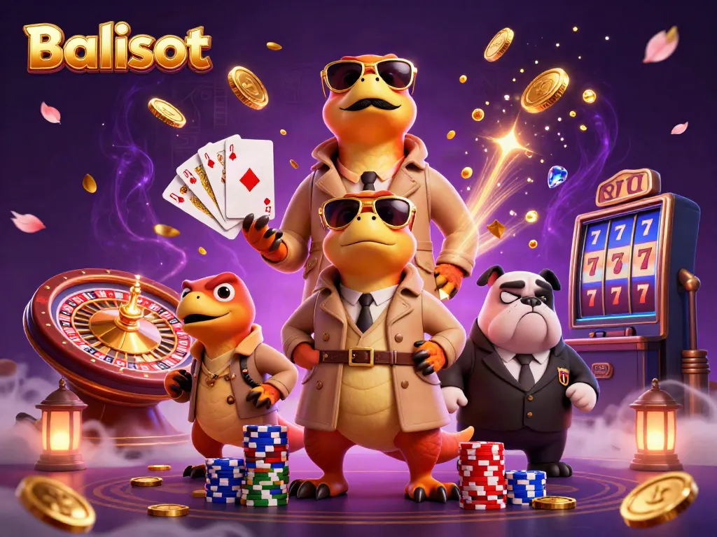 Engage in thrilling gaming with Balislot's 3D raptor casino scene filled with coins and gameplay elements.