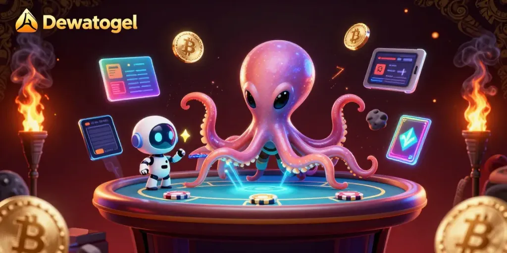 Dewatogel's dynamic gambling scene featuring an alien octopus at a holographic poker table.