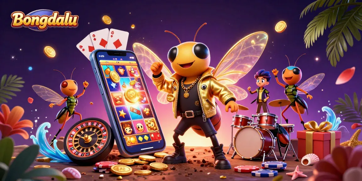 Bongdalu captures excitement in a vibrant 3D illustration of a rock star cicada and friends at a lively casino scene.
