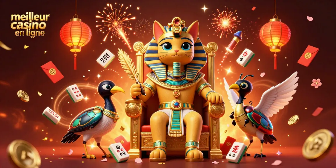 Découvrez le meilleur casino en ligne avec ce visuel captivant illustrant le pharaon égyptien et des éléments festifs.