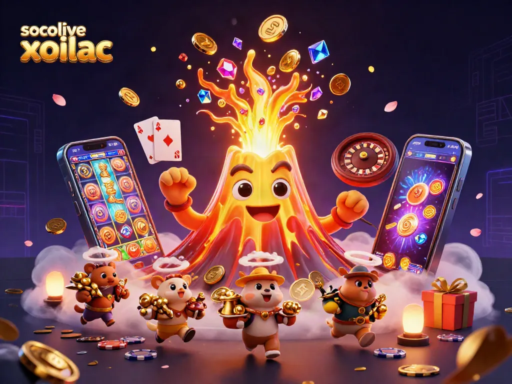 Experience the excitement of socolive xoilac as golden coins erupt from a volcano in this dynamic casino scene.