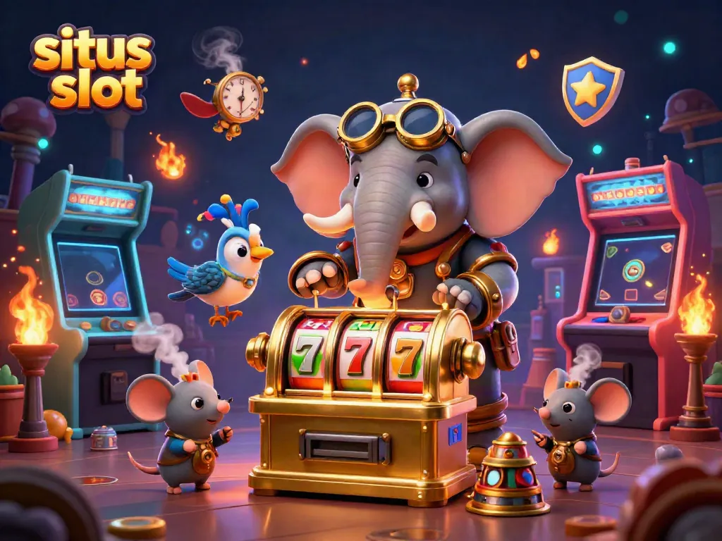 Engage with the spectacular 'situs slot' experience in an artistic 3D illustration featuring an elephant engineer at a slot machine.