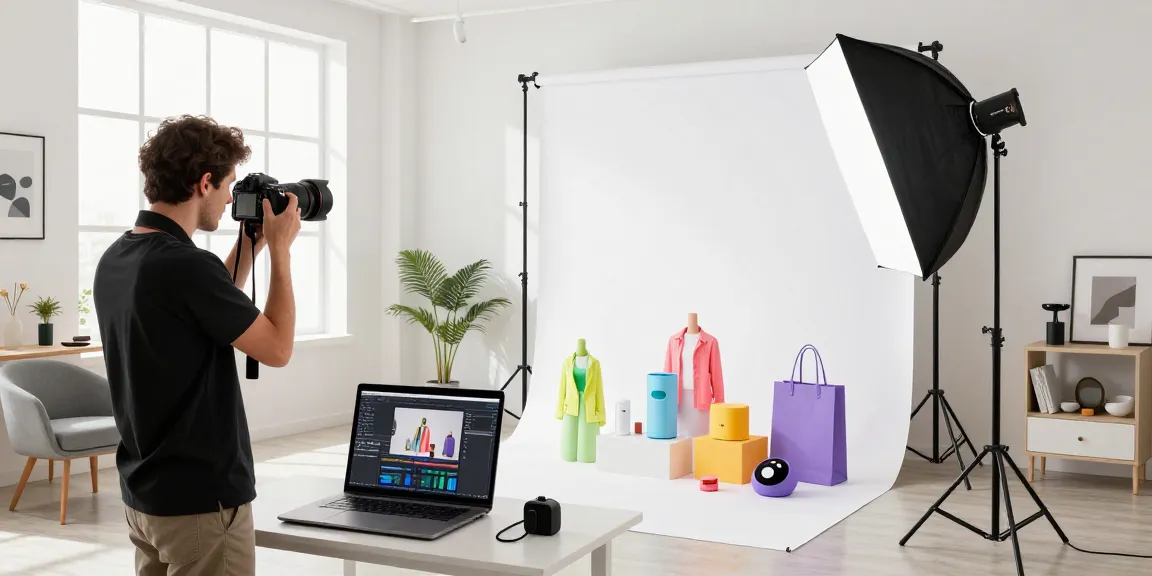 Foto professionale di un fotografo ecommerce mentre scatta immagini di prodotti in uno studio luminoso a Milano.