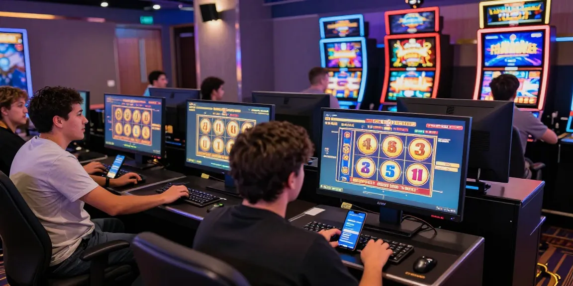 Excited players enjoying slot games at vibrant online casino interface.