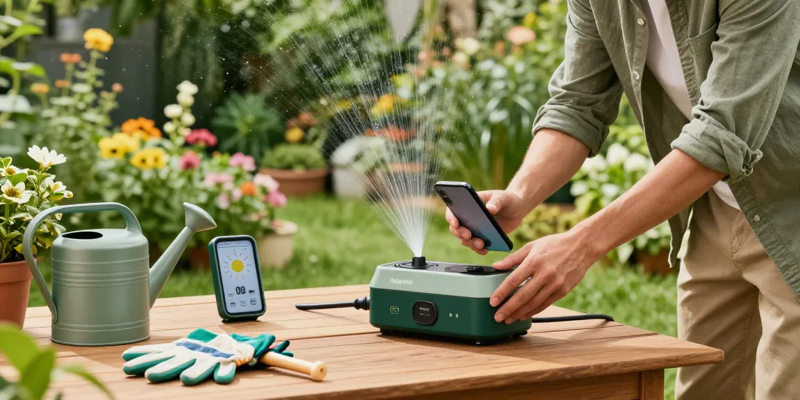 Homeowner configuring the rainpoint automatic watering system in a lush garden, showcasing easy watering solutions.