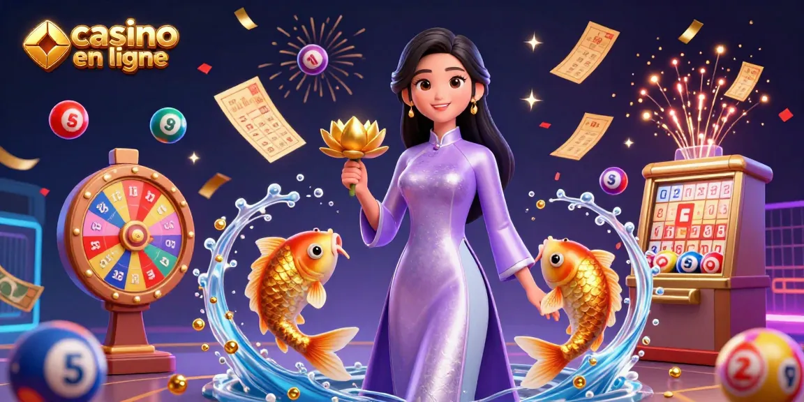 Interagissez avec des jeux vibrants au casino en ligne présentant une scène somptueuse avec une femme élégante et des poissons koi dorés.