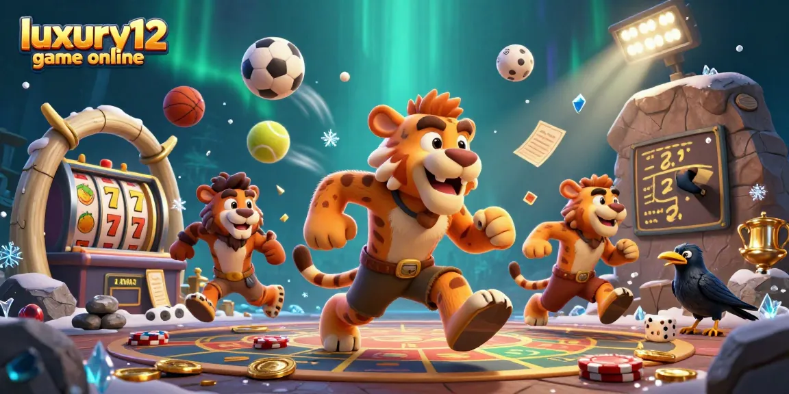Engage in the luxury12 game online with an exciting prehistoric casino scene featuring vibrant characters and game elements.