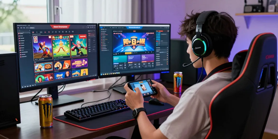 Engaging scene of a player exploring link alternatif hero138 on a gaming platform with multiple monitors in a vibrant home setup.
