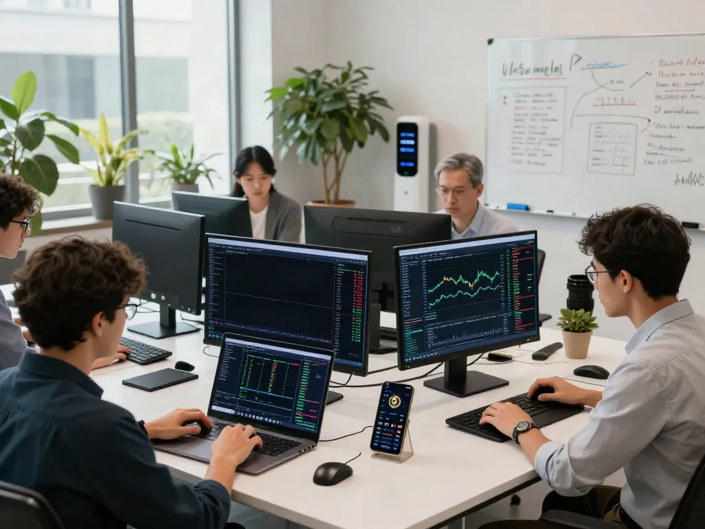 Dynamic collaboration on US stock market data API and blockchain strategies in a modern office.