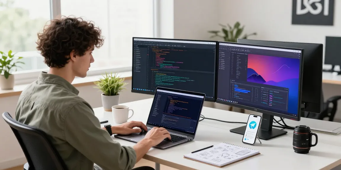 Developer coding in a tech workspace, showcasing telegramin-cn.com notifications for optimal productivity.