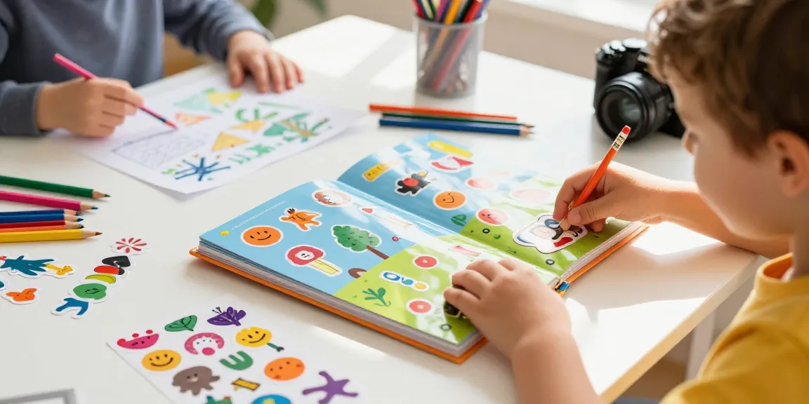 Child joyfully exploring a reusable sticker book filled with colorful stickers and art supplies.
