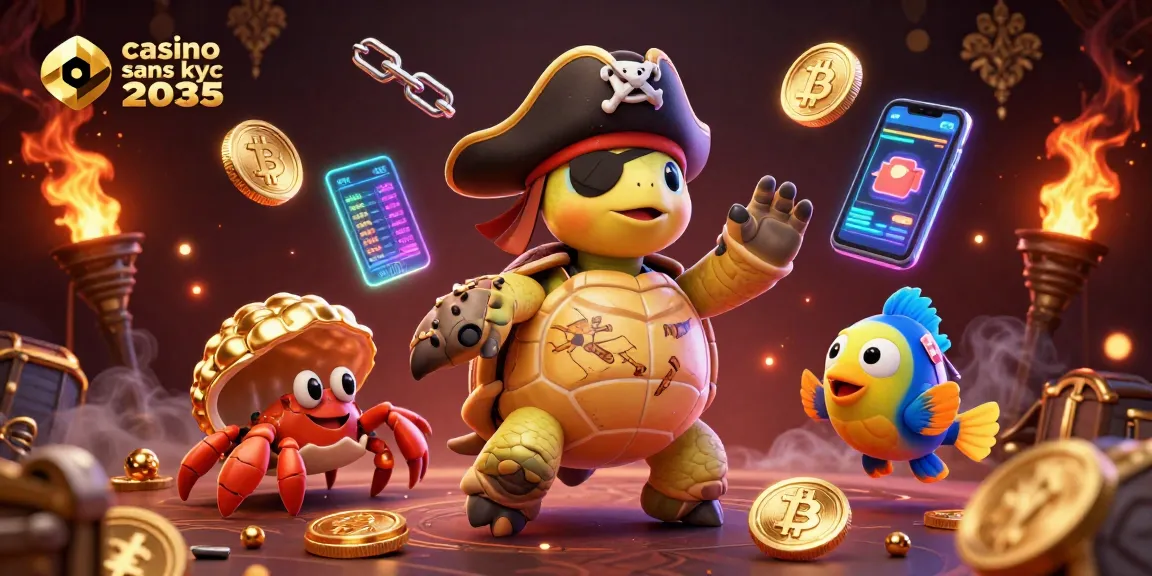 Jouer sur un casino sans KYC 2035, avec des personnages 3D animés entourés de pièces de crypto-monnaies et de trésors.