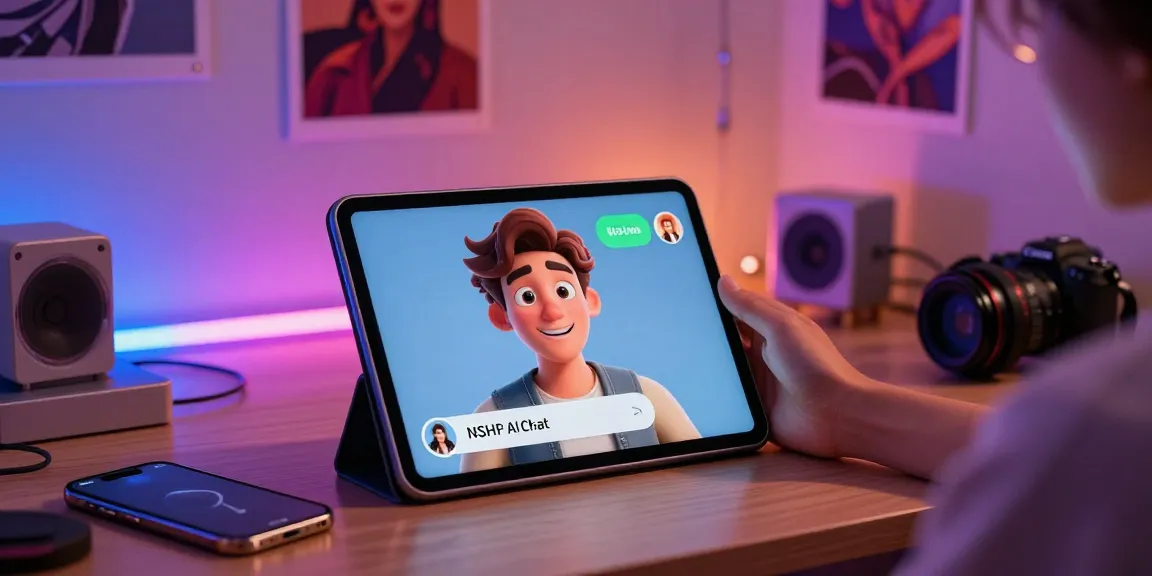 Immersive AI chat nsfw experience with animated avatar on a tablet in a cozy bedroom setting.