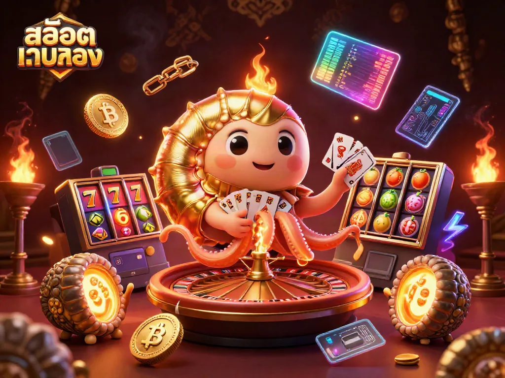 ภาพวาด 3D สล็อตเว็บตรง ที่มีคาสิโนและสัญลักษณ์ Jackpot อัดแน่นในดวงไฟ