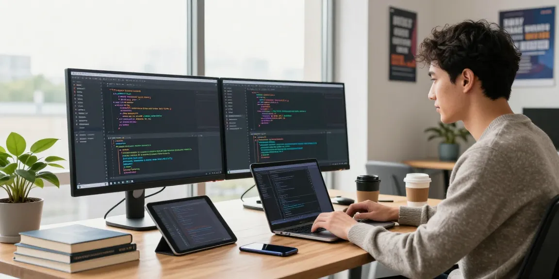 Workspace featuring a coding professional utilizing dual monitors, showcasing the importance of technology in progettare software on teiegramin.com.