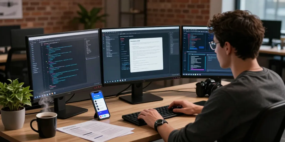 In a modern tech workspace, a developer codes 纸飞机中文版 on multiple screens, showcasing innovation and collaboration.