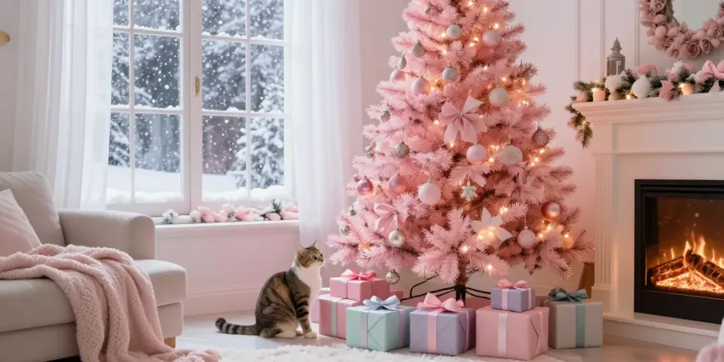 Elegant pink xmas tree adorned with ornaments, cozy living room setting.
