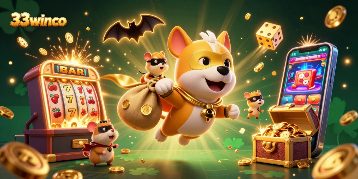 33winco's vibrant casino adventure features a superhero dog and his sidekick in a dynamic 3D scene filled with fun gaming elements.
