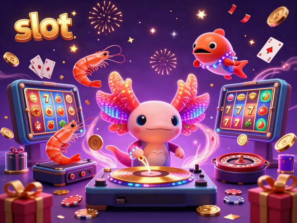 Experience exciting slot games with a vibrant scene featuring animated characters celebrating jackpots.