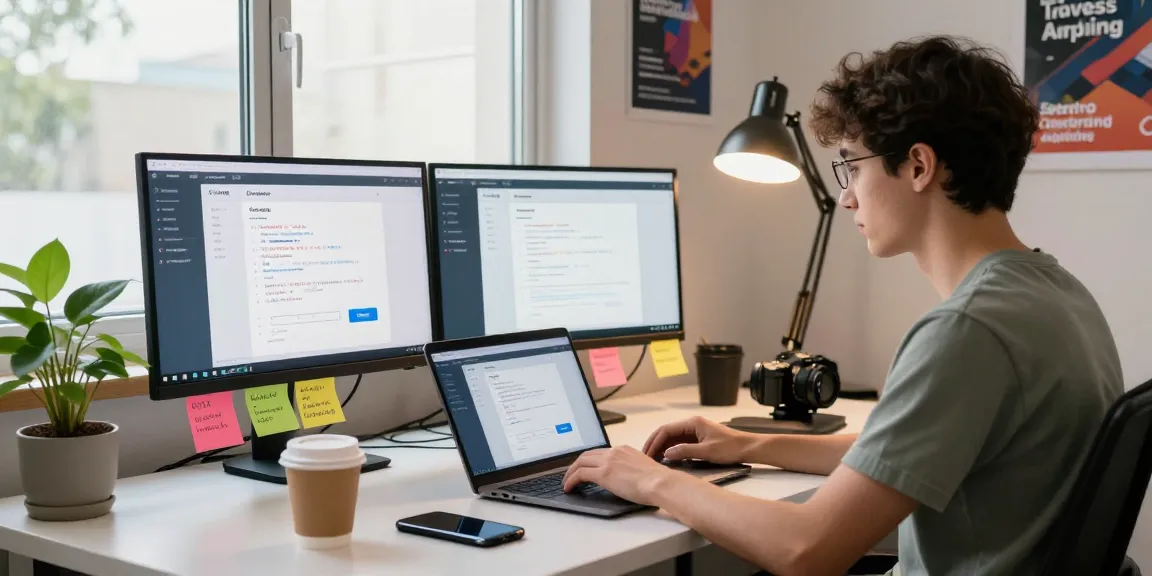 Developer using 纸飞机中文版 on dual monitors in a modern tech workspace, surrounded by coding tools and motivational elements.