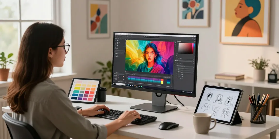Designer using Nano Banana 2 AI image editor in a vibrant digital workspace