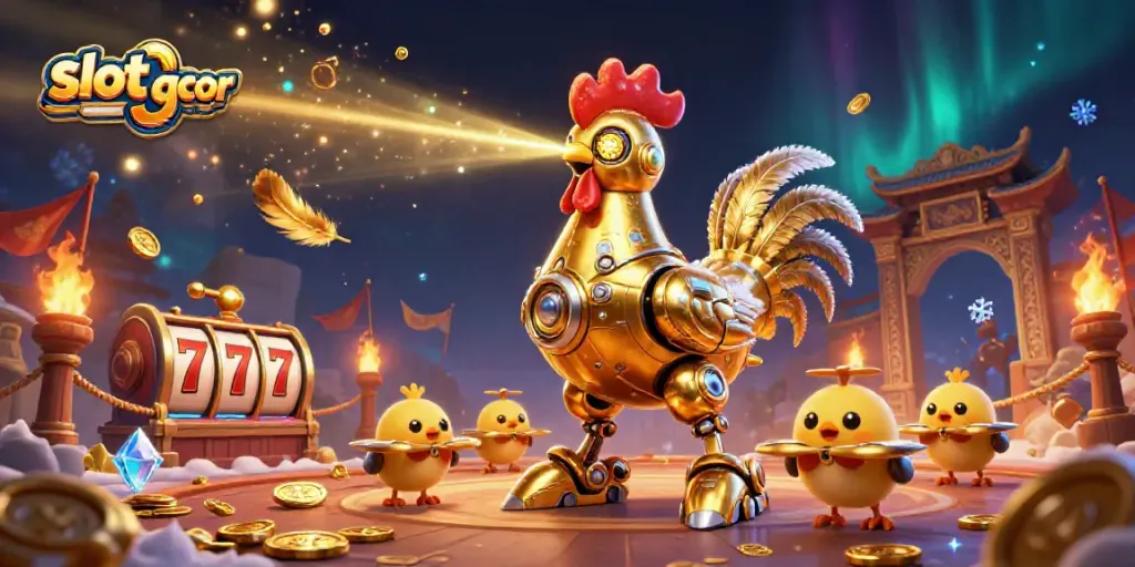 Experience the thrill of slot gacor with a dynamic illustration featuring a golden rooster robot and baby chick drones.