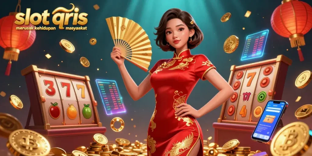 Engage with slot qris merusak kehidupan masyarakat through vibrant casino elements featuring floating Chinese lanterns and gold coins.