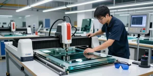 CNC glass cutting machine in a modern glass processing workshop with skilled technician and advanced tools.