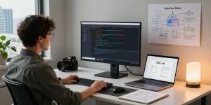 Developer coding OpenClaw Skills in a modern workspace, showcasing engaging software development environment.