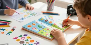 Child joyfully exploring a reusable sticker book filled with colorful stickers and art supplies.