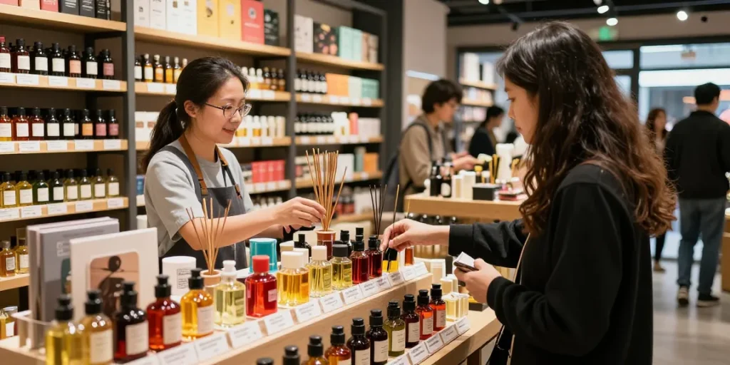 Buy aromatic liquid incense in a vibrant shop, customer exploring scents.