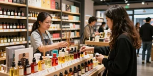 Buy aromatic liquid incense in a vibrant shop, customer exploring scents.