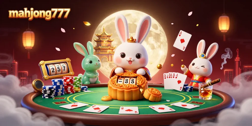 Engage with mahjong777 in this dynamic casino scene featuring vibrant slot reels and poker elements.