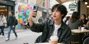 Person taking a selfie at a café, excitedly searching for a lookalike who looks like a celebrity.