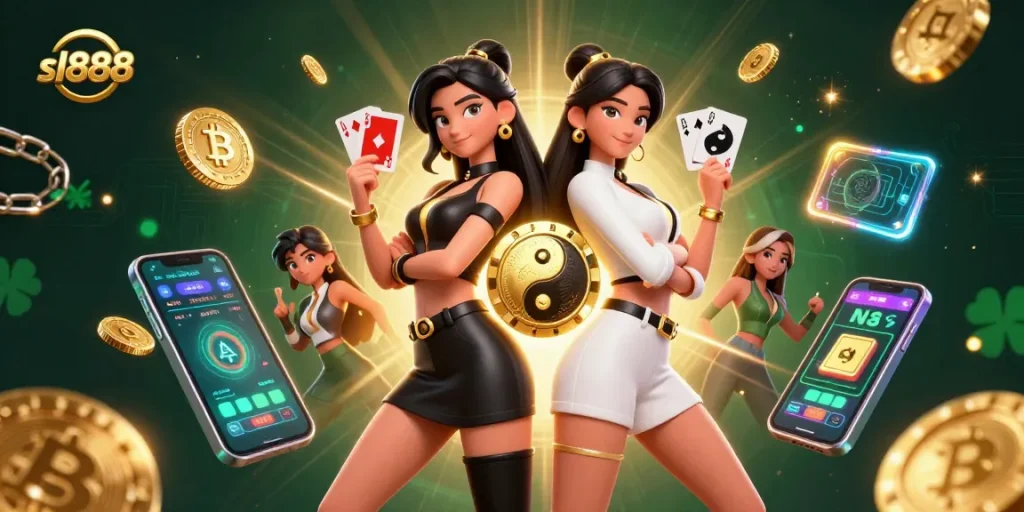 Experience sl888 with stunning twin women and dramatic casino elements in vibrant 3D illustration.